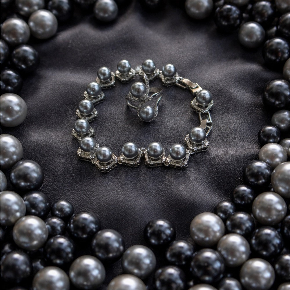 Elegant Silver Pearl Bracelet and Ring Set